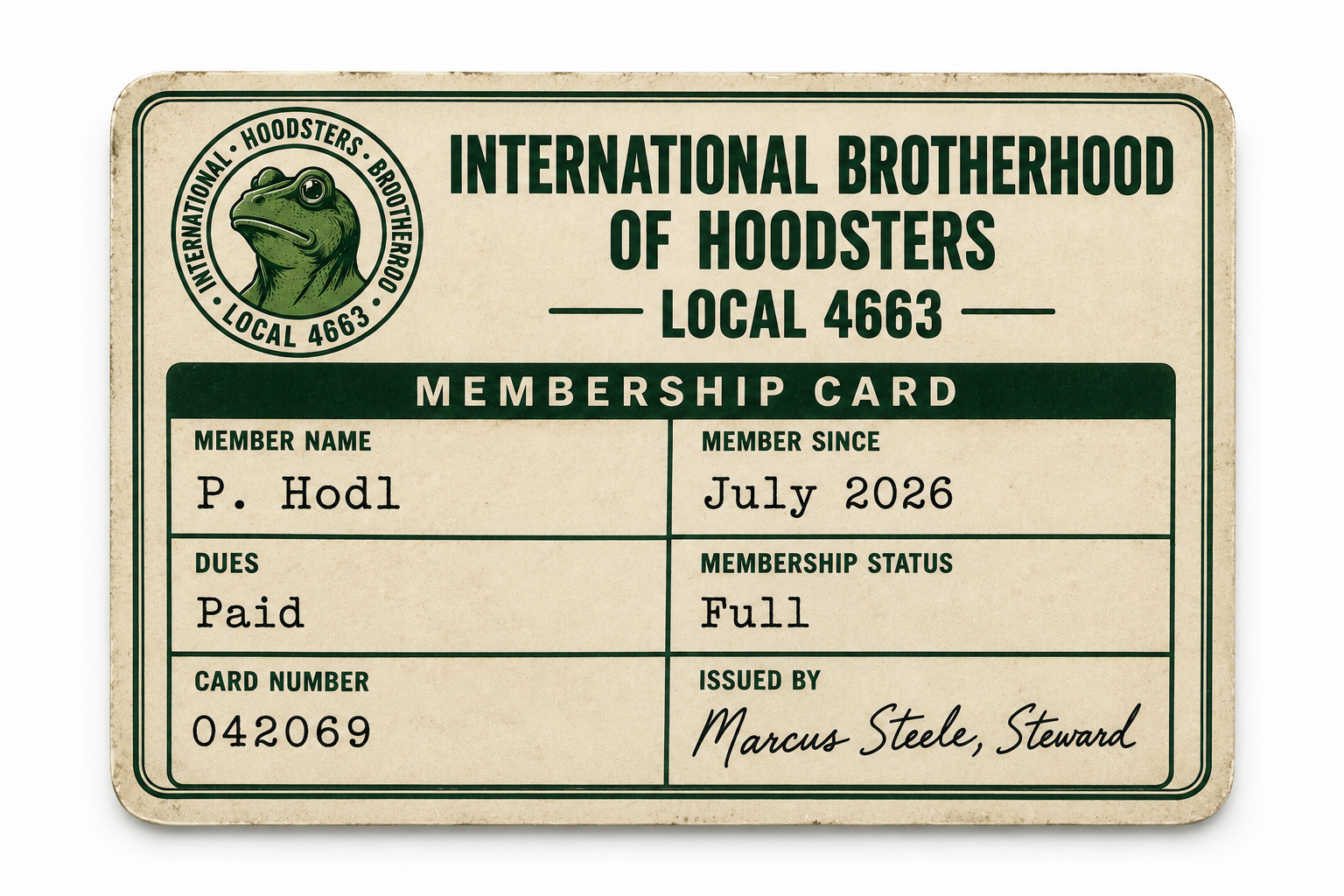 International Brotherhood of Hoodsters membership card
